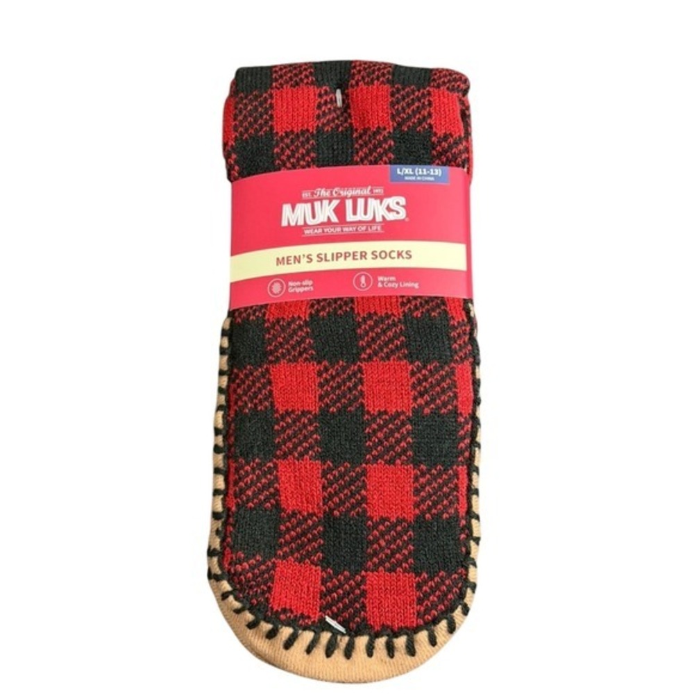 Muk Luks Mens Buffalo Plaid Slipper Socks L XL 11 13 Non Slip Grippers Warm Cozy